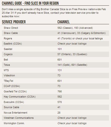 Big Brother Canada Slice channel guide