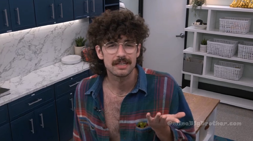 Barrett talking to the camera in the Big Brother storage room, discussing his game strategy at 3:46 am