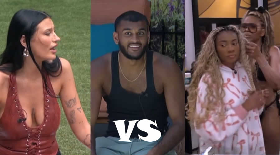 Three Big Brother houseguests shown in a split image with a VS graphic, suggesting a rivalry or competition between them