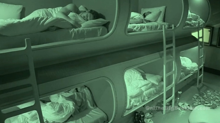 Night vision camera view of houseguests sleeping in the Big Brother Pod Room bunk beds around 3:30 am