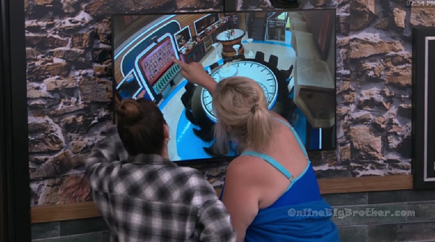 Dee and Angela pointing at the HOH room TV monitor showing a live feed of the Big Brother house