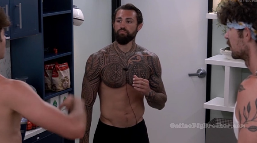Drew talking with houseguests at 3:06 PM inside the Big Brother house