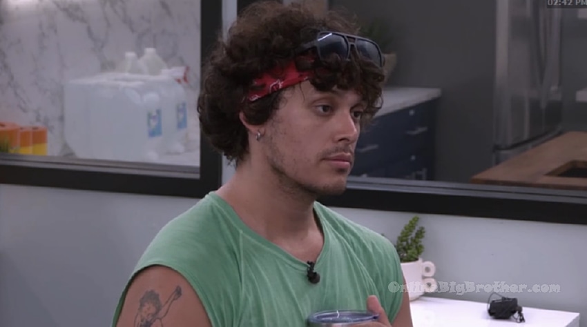 Drew listening during the 2:40 PM conversation with Melody, Barrett, and others about Ashley's information spreading through the house