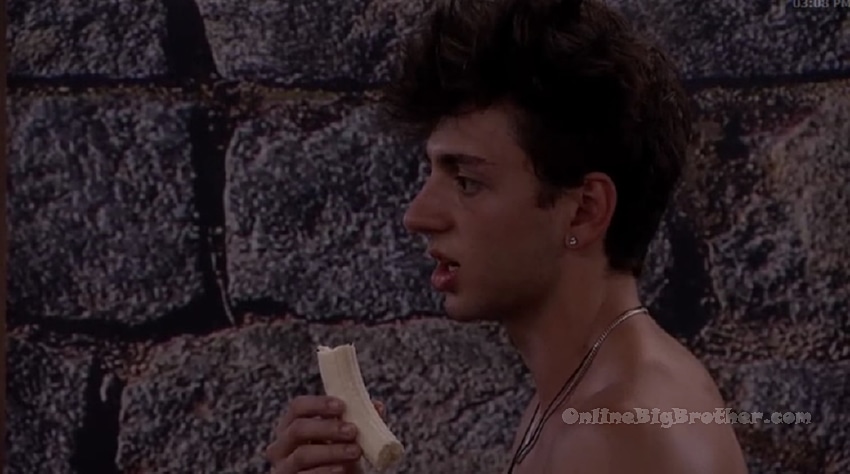 Drew eating a banana while talking with Kamu and Haley about Ashley exposing the alliance's plan