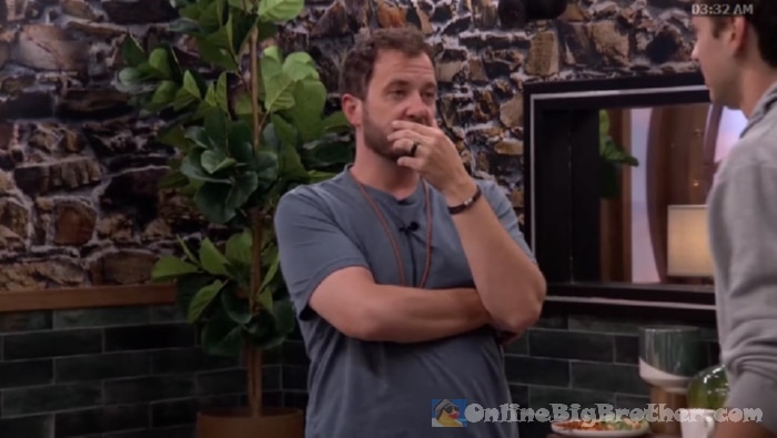 Devens listens thoughtfully during the 3:32 AM HOH room meeting as the Toolshed alliance finalizes nomination plans