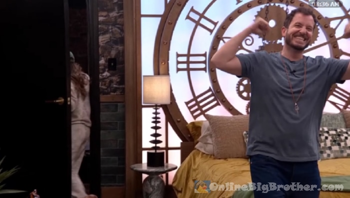 Devens celebrating in the HOH room at 3:36 AM as houseguests quietly file in for the secret Toolshed alliance meeting