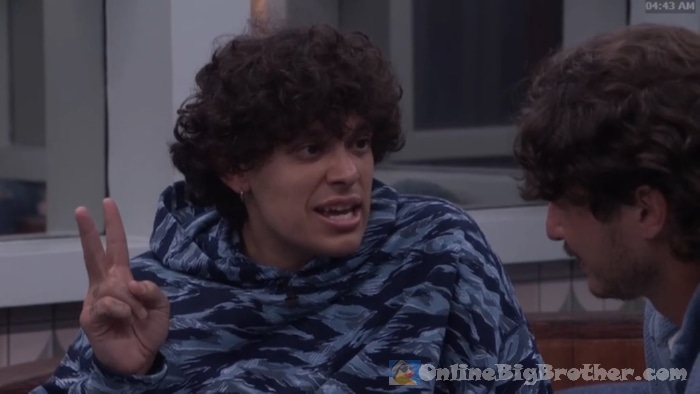 Jason and Rome talking in the kitchen at 4:43 AM, with Jason holding up two fingers as he shares his secret with Rome