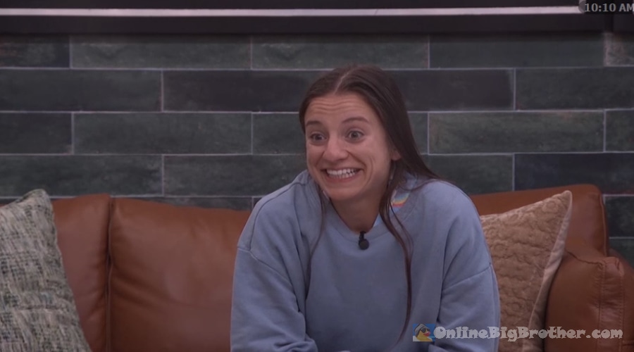 Mallory smiling during her 10:10 AM conversation with Devens in the Big Brother house