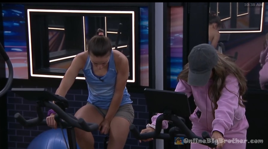 Lyric and Mallory talking in the Big Brother gym at 10:38 AM