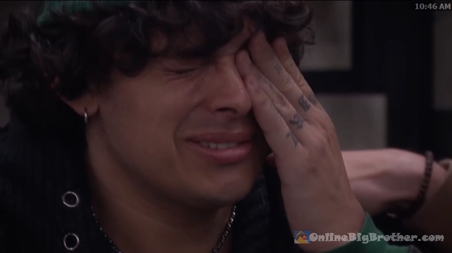 Jason covers his face with his hand, visibly emotional, during his conversation with Barrett at 11:46 AM