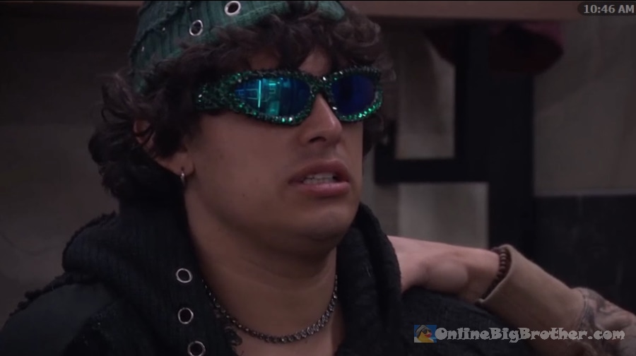 Barrett wearing bedazzled green sunglasses during his conversation with Jason at 10:46 AM
