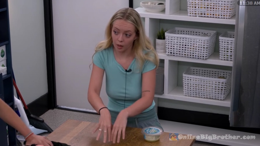 Melody talks strategy with Jason and Mallory in the storage room at 11:38 AM, pitching a plan to flip Barrett before nominations