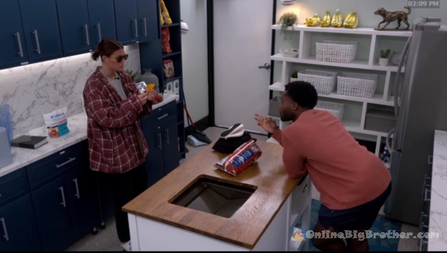 Haley and Chuk talking in the Big Brother storage room at 2:09 PM, shortly after the nomination ceremony