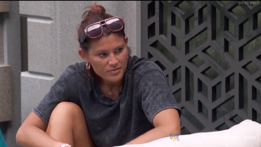 Haley talking with Chuk in the Big Brother backyard at 4:21 PM