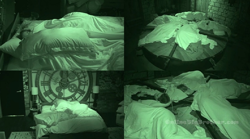 Big Brother houseguests sleeping in various beds shown on night vision cameras between 4:30–5:00 am