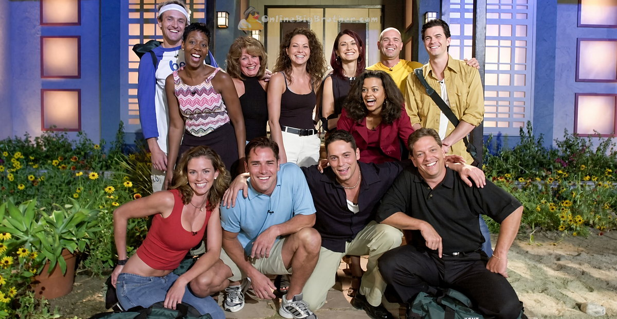 Big-Brother-2001-Cast in front of the Big Brother 2 house.