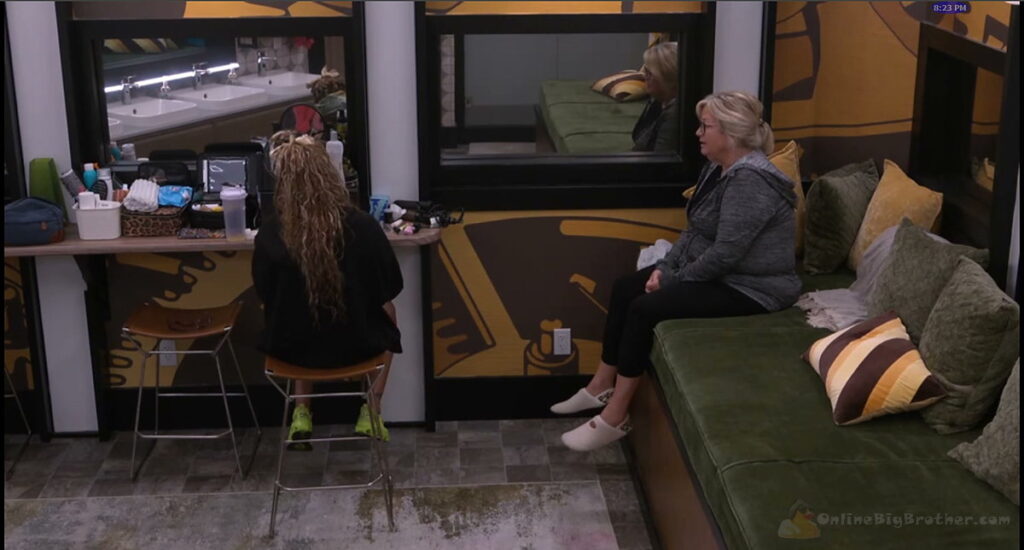 Angela and Lala talking in the Big Brother 28 bathroom