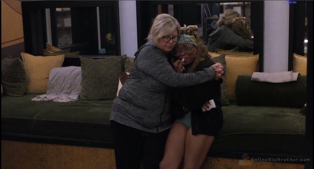 Lala crying in the Big Brother 28 bathroom as Angela tries to reassure her