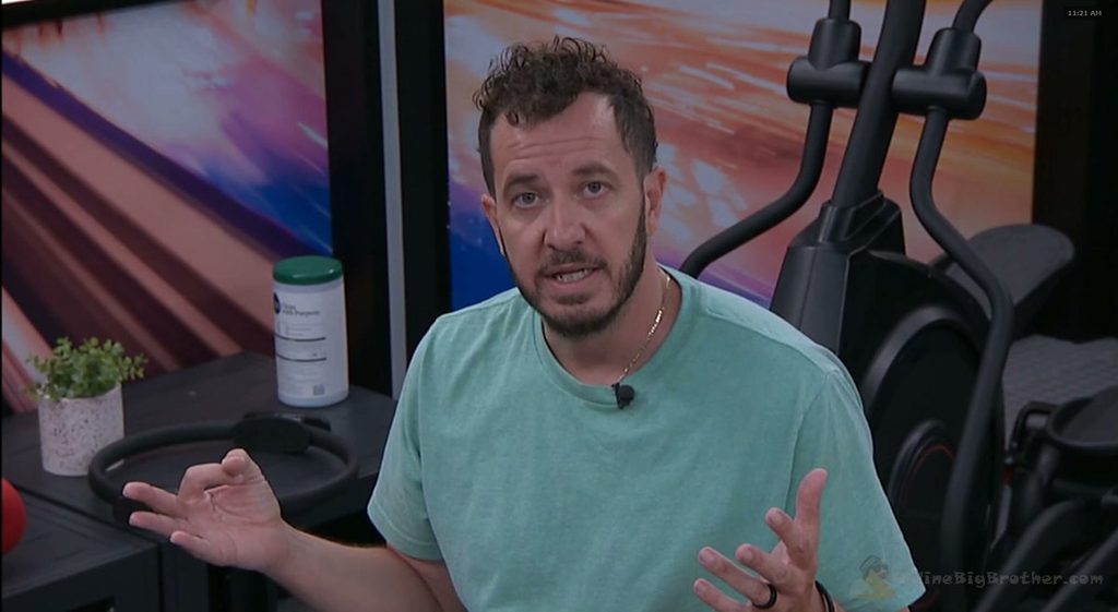 Devens talks to the feed camera alone in the Big Brother 28 gym