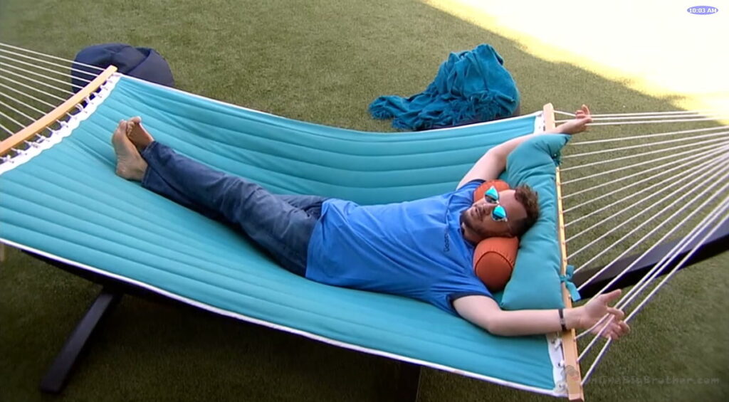 Big Brother 2026 Devens talking to The camera on hammock alone.