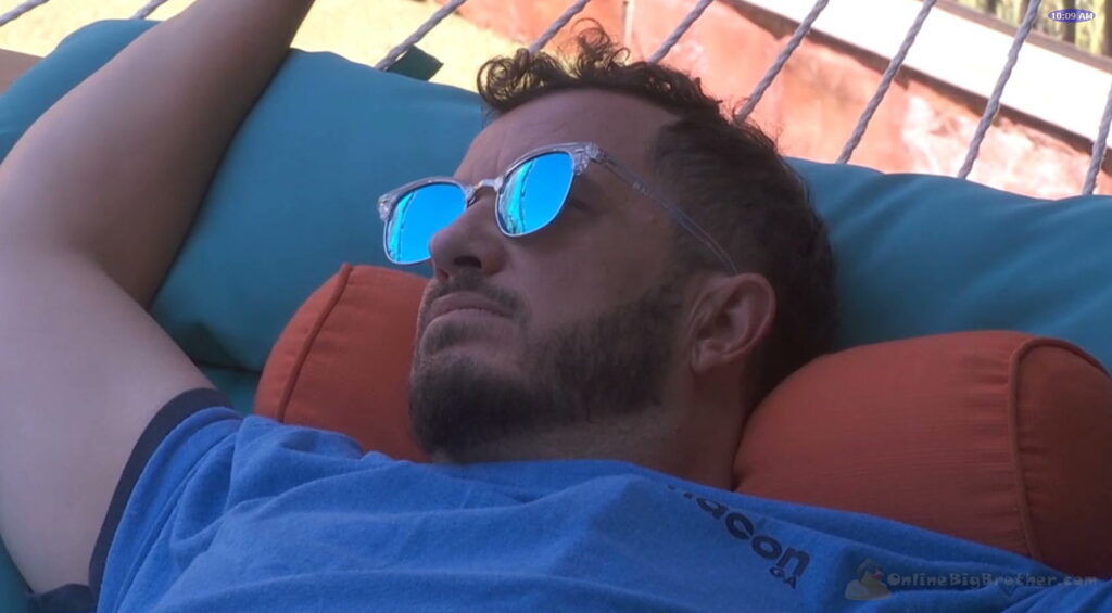 Close up of Big Brother 2026 Devens talking to The camera on hammock alone.