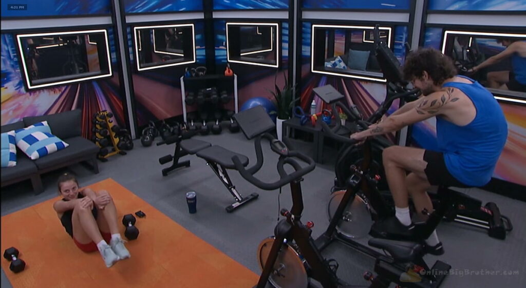 Barrett on the elliptical and Mallory on the mat in the Big Brother 28 gym