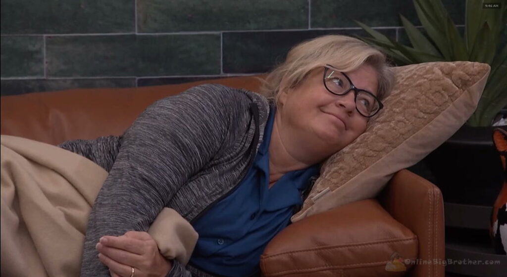 Angela sits on the HOH bed explaining to Taylor that the nominations were Dee's call, not hers