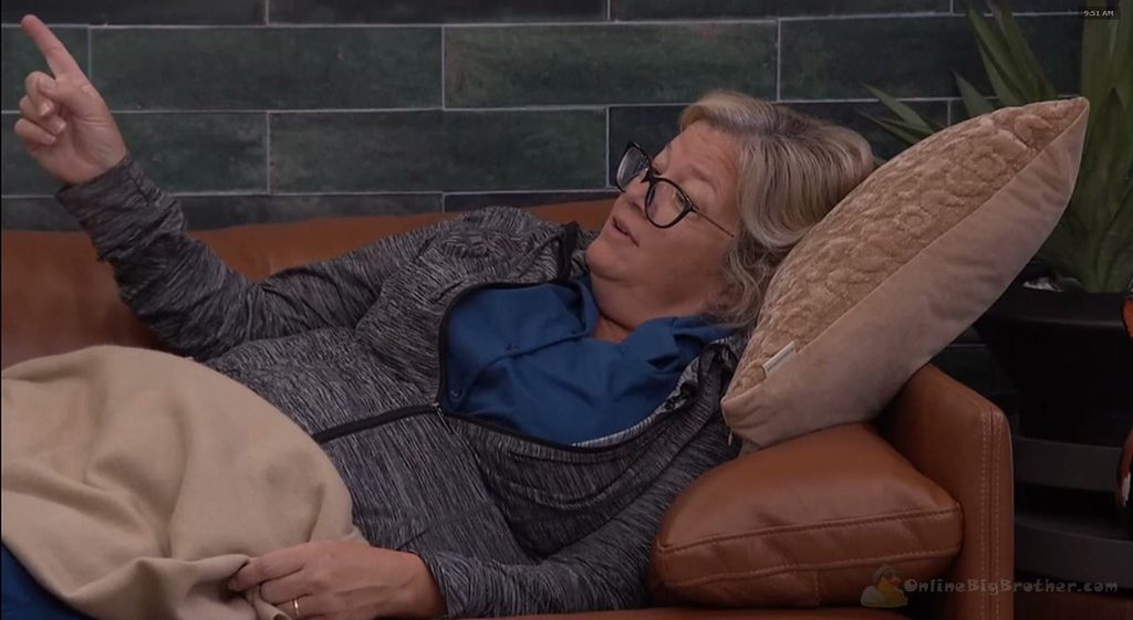 Angela sits on the HOH bed explaining to Taylor that the nominations were Dee's call, not hers