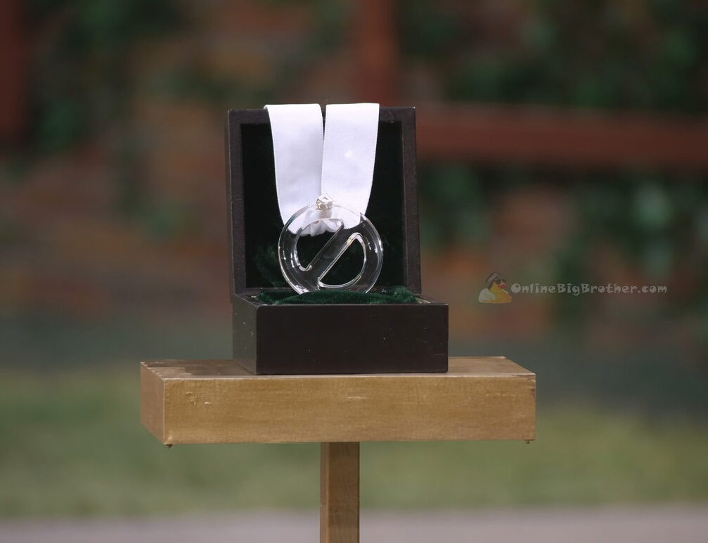 Big Brother 4 Diamond Power of Veto: clear crystal medallion with the classic veto symbol displayed in an open black box with white ribbon on a wooden pedestal